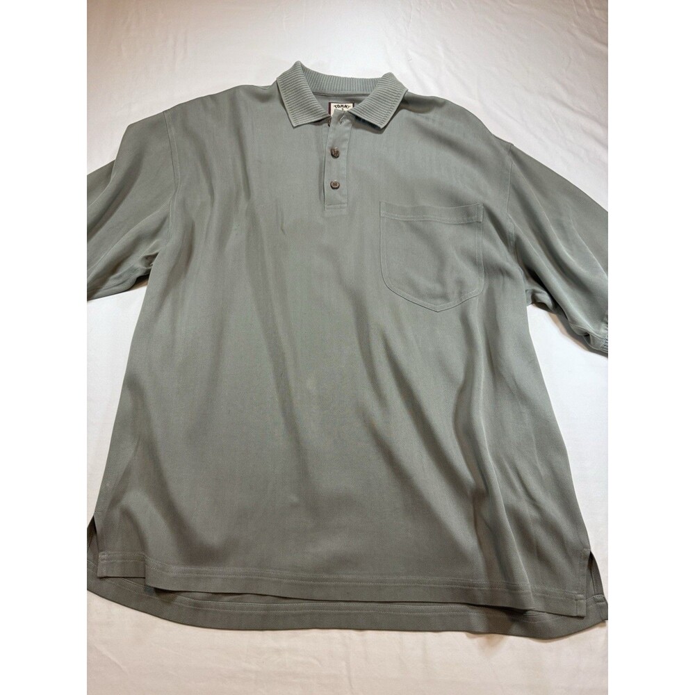 Tommy Bahama Polo Shirt Mens Large 100% Silk Sage Green Short Sleeve Pocket